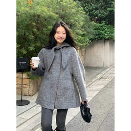 现 2025秋冬季新款韩国东大门兔耳朵羊毛中长款毛呢大衣外套