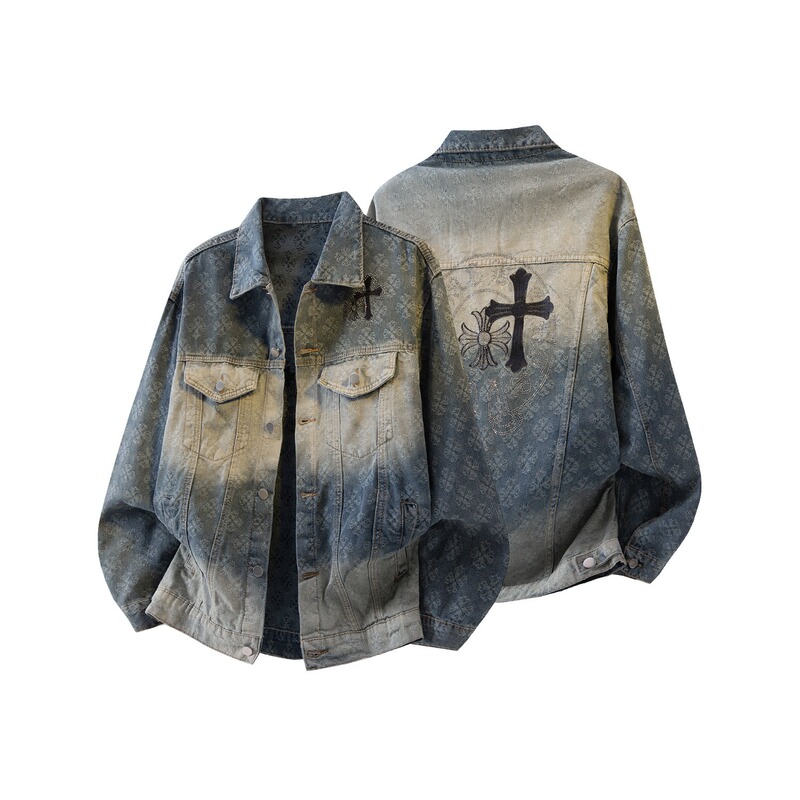 American Retro Distressed Spring and Autumn Washed Jacket with Cross Rhinestones, Loose Jacquard Denim Coat, Unisex Trendy Brand American Retro Distressed Spring and Autumn Washed Jacket with Cross Rhinestones, Loose Jacquard Denim Coat, Unisex Trendy Brand