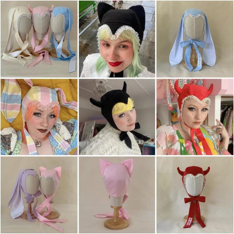Lolita网红风猫耳蕾丝边丝带护耳帽子万圣节搞怪套头兔耳帽猫耳帽