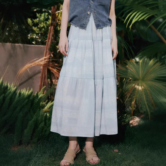 ELLE 波プリントスカート女性のための 2025 夏の新しい休暇弾性ウエストハイエンド気質 A ラインスカートロングスカート|undefined