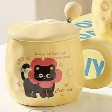 かわいいミルクFUFU黒猫マグカップ蓋付きスプーンで女の子に誕生日プレゼント高颜値プレゼントカップオフィス朝|undefined
