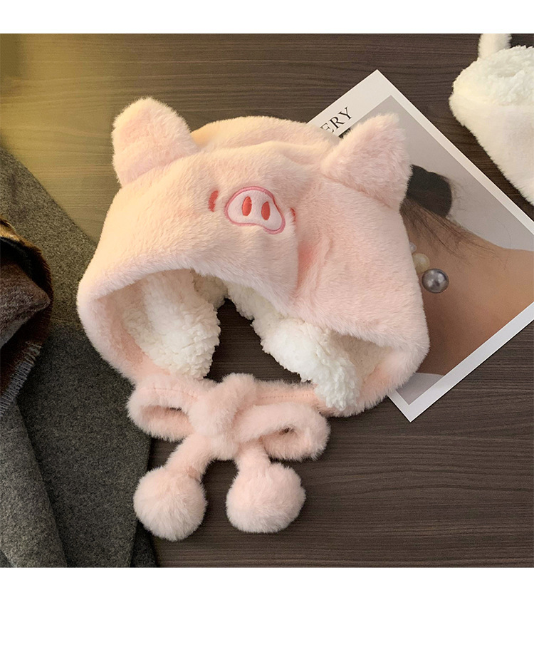 New Japanese Cute Powder Blusher Piglet Plush Hat Women's Warm Ear Protector in Autumn and Winter Lei Feng Hat Thickened Big Waist Hat_voghion.com