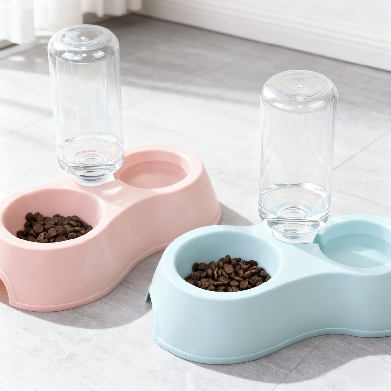Tazón de gato doble tazón de plástico alimentación y agua potable cubierta integral tazón de mascotas con botella de agua alimentador automático de agua para mascotas