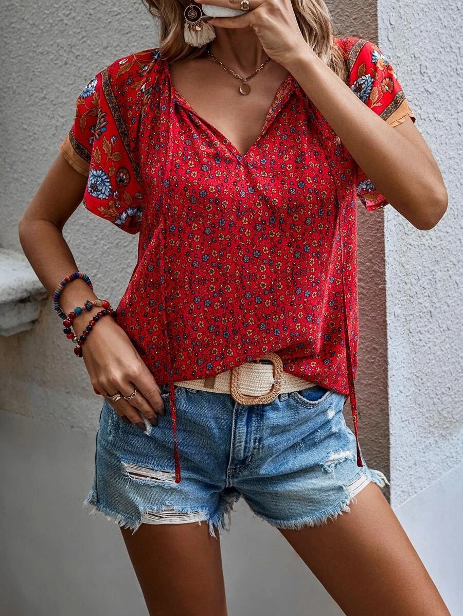 Women's Chiffon Shirt Short Sleeve Blouses Printing Casual Ditsy Floral display picture 3