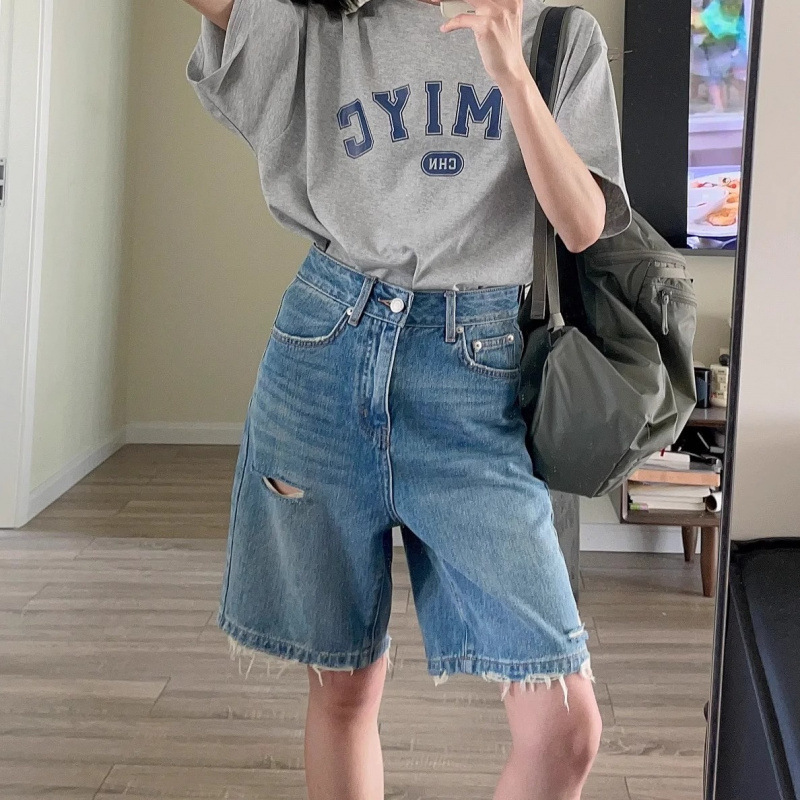 Cross-Border Ripped Denim Shorts for Women, Summer Thin Loose Fit, Plus Size, Slimming High-Waisted A-Line Retro Straight Five-Point Shorts Cross-Border Ripped Denim Shorts for Women, Summer Thin Loose Fit, Plus Size, Slimming High-Waisted A-Line Retro Straight Five-Point Shorts