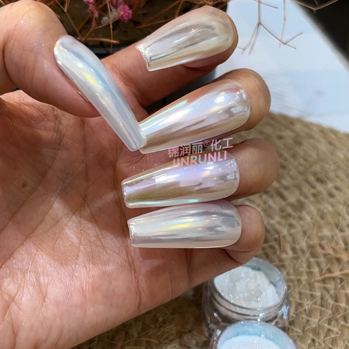 珍珠白镜面指甲油亮粉颜料极光铬粉 银变蓝绿冰透幻彩美甲魔镜粉