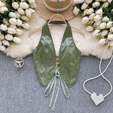 跨境千禧辣妹风挂脖吊带背心女夏PU皮绑带设计感露背外穿内搭纯欲