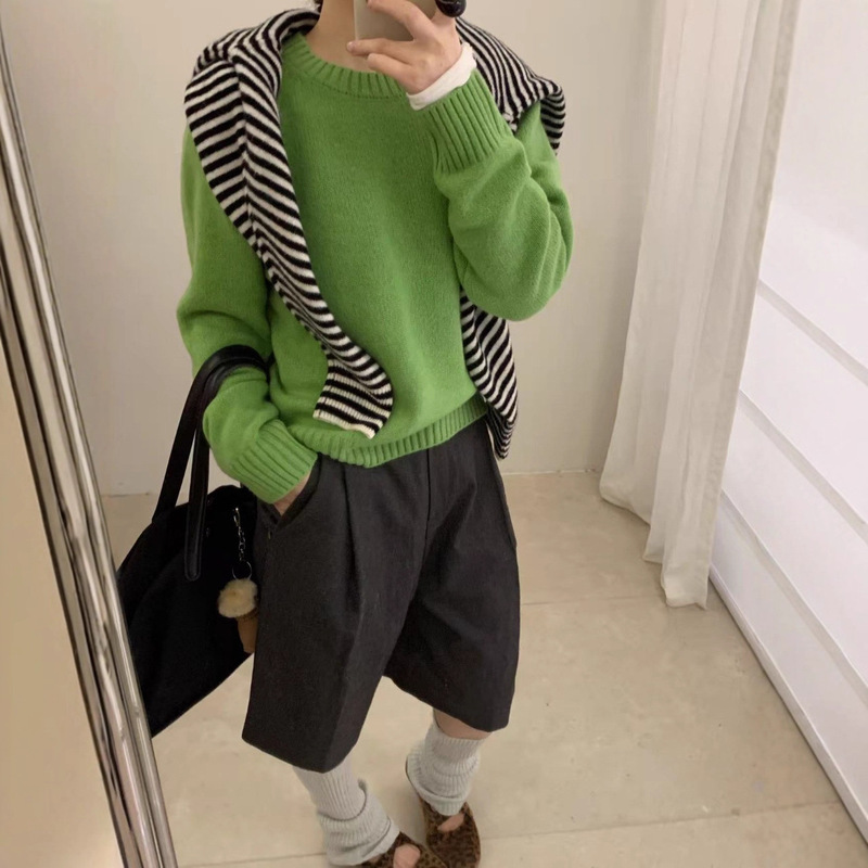100% Wool Round Neck Sweater Pullover for Women Autumn and Winter 2025 Korean Style Loose and Versatile Pure Color Soft Waxy Knitted Bottoming Shirt