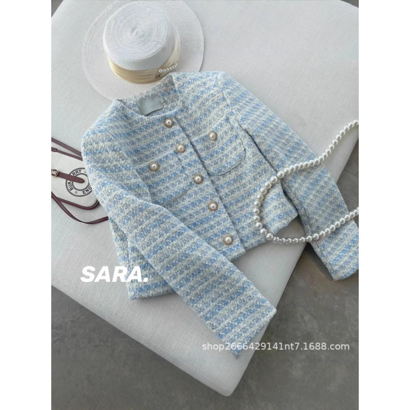 Gentle Milk Blue Pearl Button Chanel-Style Jacket, Elegant Women's Spring and Autumn Tweed Woven Short Blazer