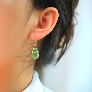 Hetian jade jasper cat's eye gourd eardrop 18k gold inlaid ice bottom bare stone 15.5/10/7 total weight 4.7