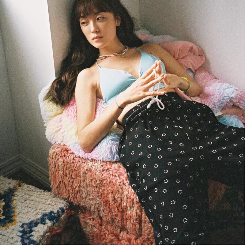 (Qi Qi) Korean Designer Smiley Print Casual Sports Pants ins Straight Tube Elasticated Waist Drawstring Cuff