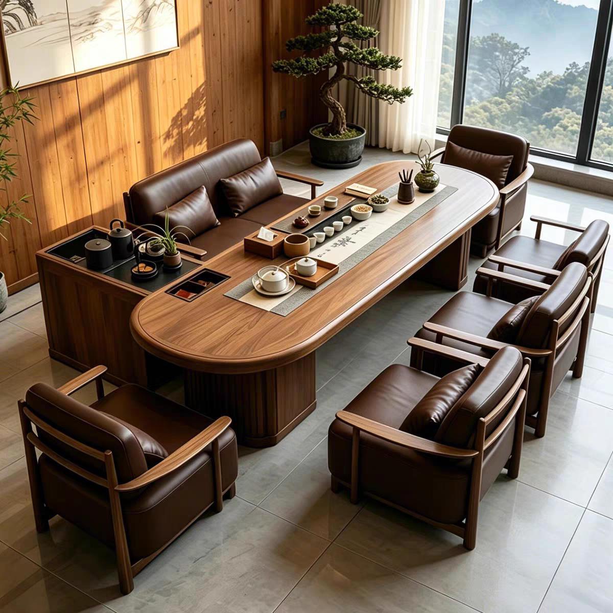 Song-style aesthetics North American black walnut solid wood tea table and chairs, new Chinese-style tea table for tea room, office reception, and tea brewing table