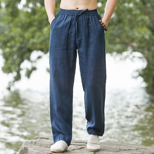 High-end pure linen casual pants for men—Tang-style summer Chinese-style men's clothing, loose-fitting, thin, straight-leg cotton-linen long pants.