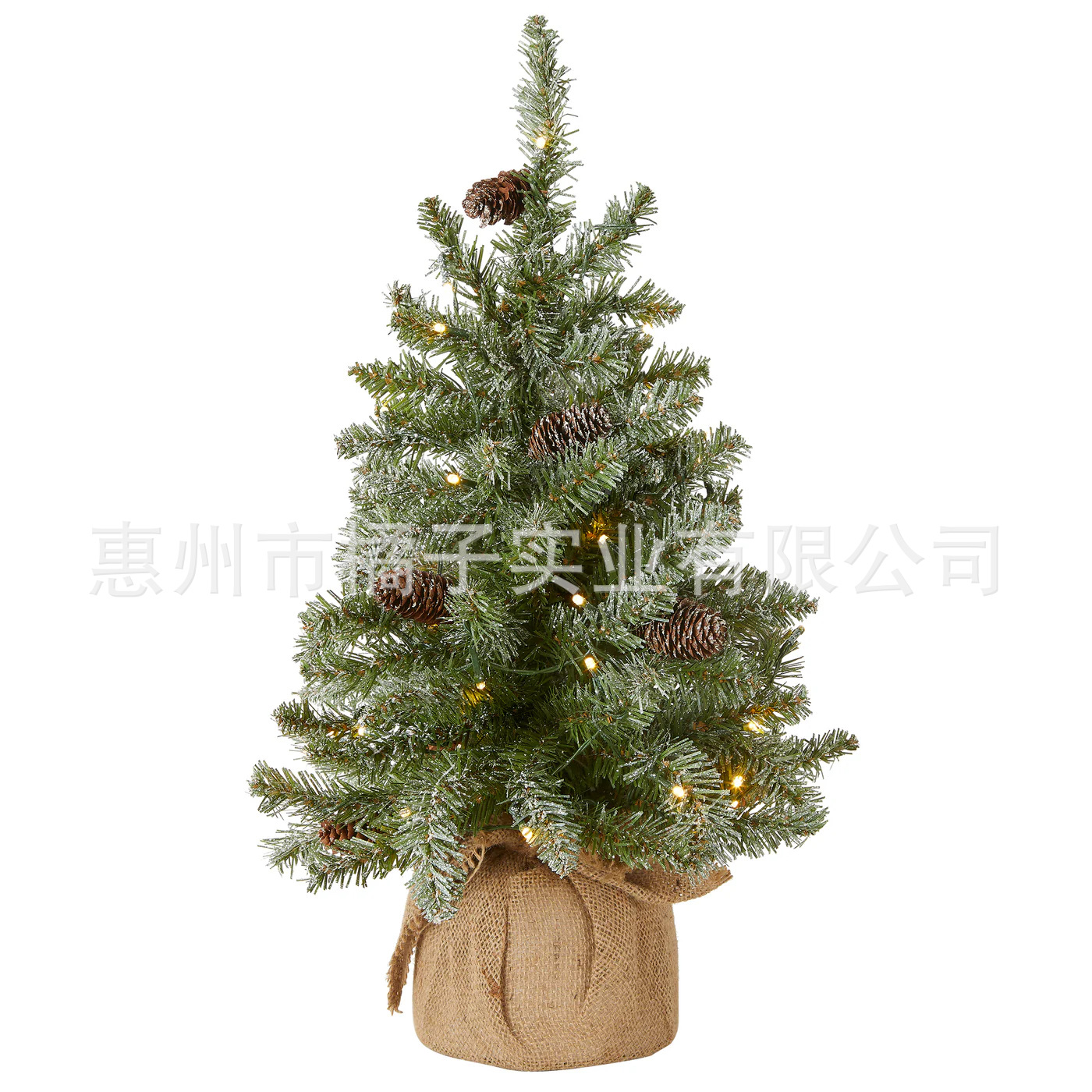 跨境绿色PE混合麻包桌面小圣诞树绑LED灯麻布包裹底座圣诞饰品