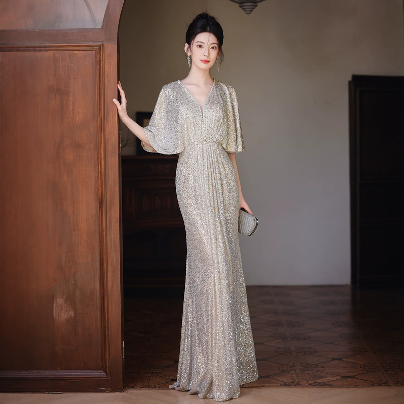 Silver Sequin Evening Dress for Women, Light Luxury Niche Style, Long Gown for Banquets, Annual Meetings, Hostess, Engagement, Mermaid Dress