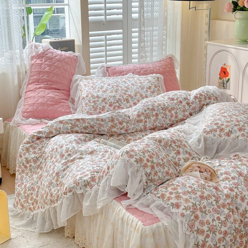 2024春夏新款竹棉双层纱雪纺蕾丝花边夹棉床裙款四件套 1.5m床裙