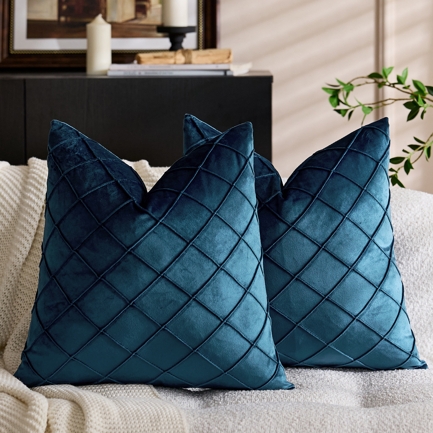 国境を越えた北欧の純色ビロード刺繍の方格子抱き枕カバー