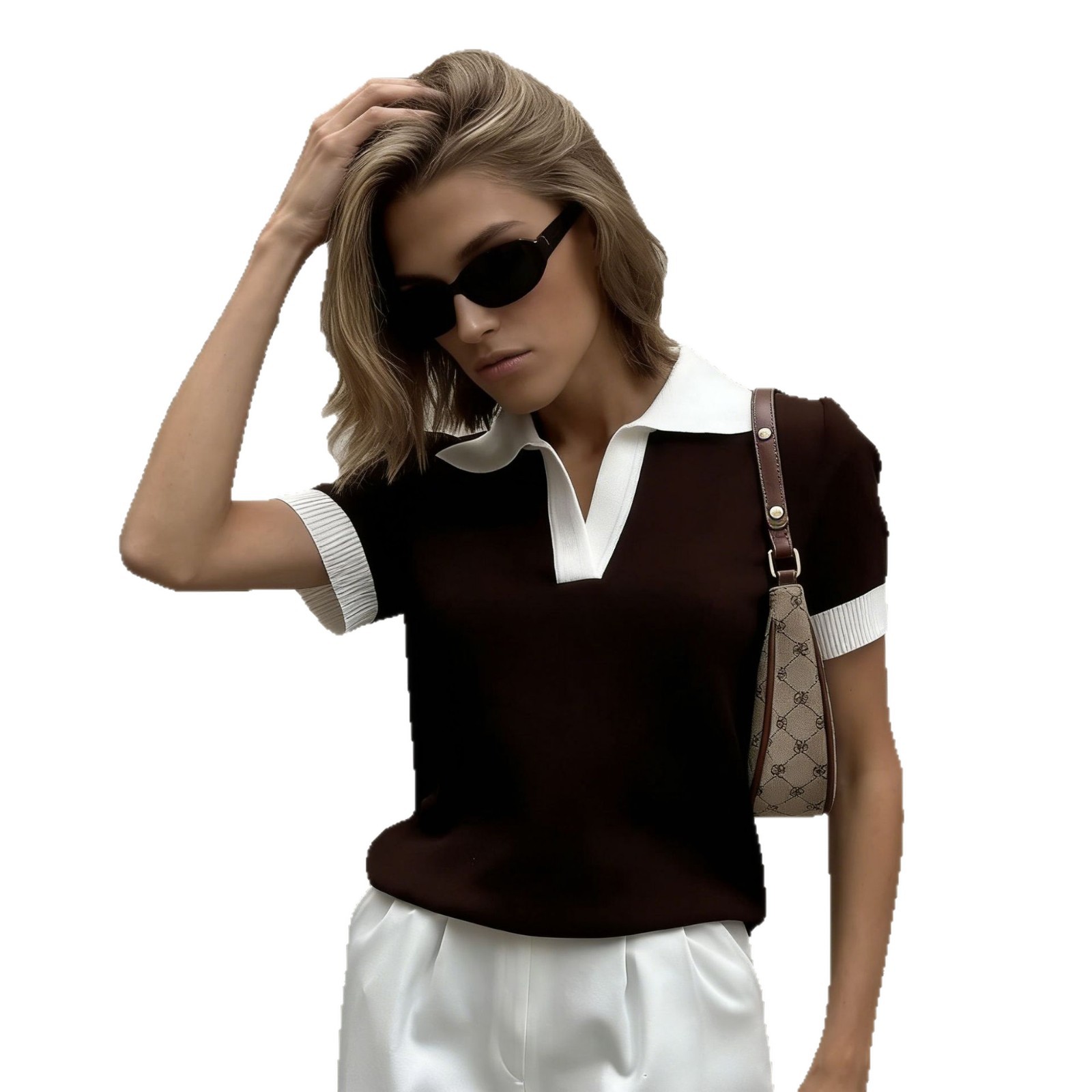 Women's Knitted Cropped Top Color Block Lapel Short-Sleeved Summer Elegant Commuter_voghion.com