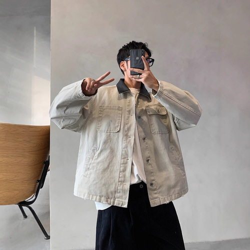 Chic Vintage PU Leather Collar-Padded Work Jacket with Distressed Denim Strips, Loose and Stylish Men's Pullover Jacket
