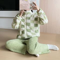 玫瑰绒睡衣女立领开衫拉链长袖套装冬季甜美加厚保暖珊瑚绒家居服