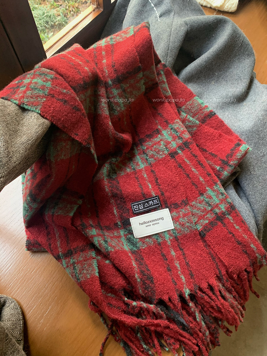 Écharpe à carreaux en cachemire d'hiver, châle chaud polyvalent à pompon pour femme, couleur contrastée pour couple, écharpe pour étudiante_voghion.com