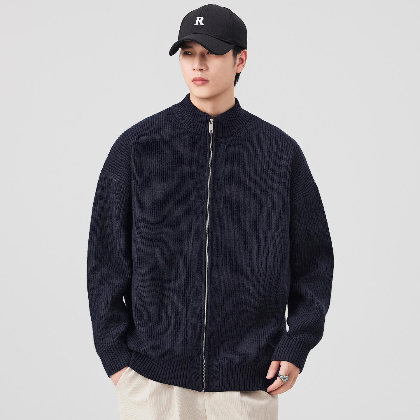 2025 Japanese Style Solid Color Stand Collar Couple's Jacket Men's Sweater Autumn and Winter New Versatile Casual Loose Knitwear