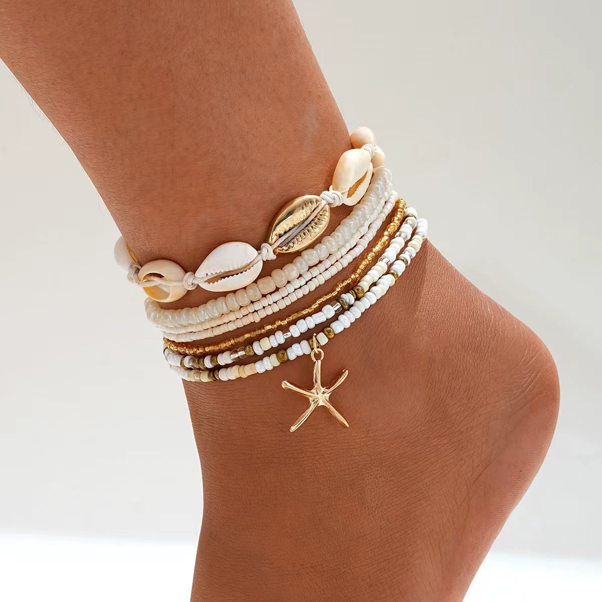 Ankle bracelet set, handmade pearl and shell, beach boho, white