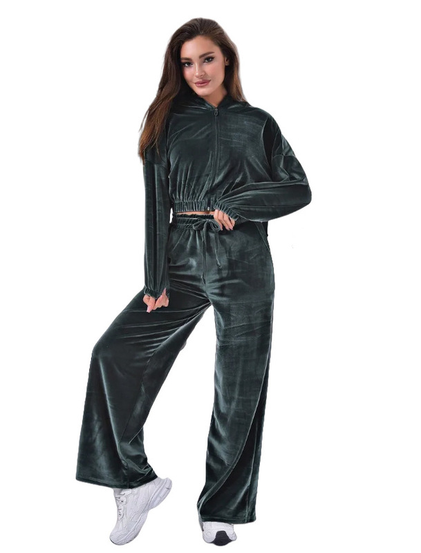 跨境欧美俄罗斯2025秋冬季休闲运动服丝绒套装拉链上衣两件套女|undefined