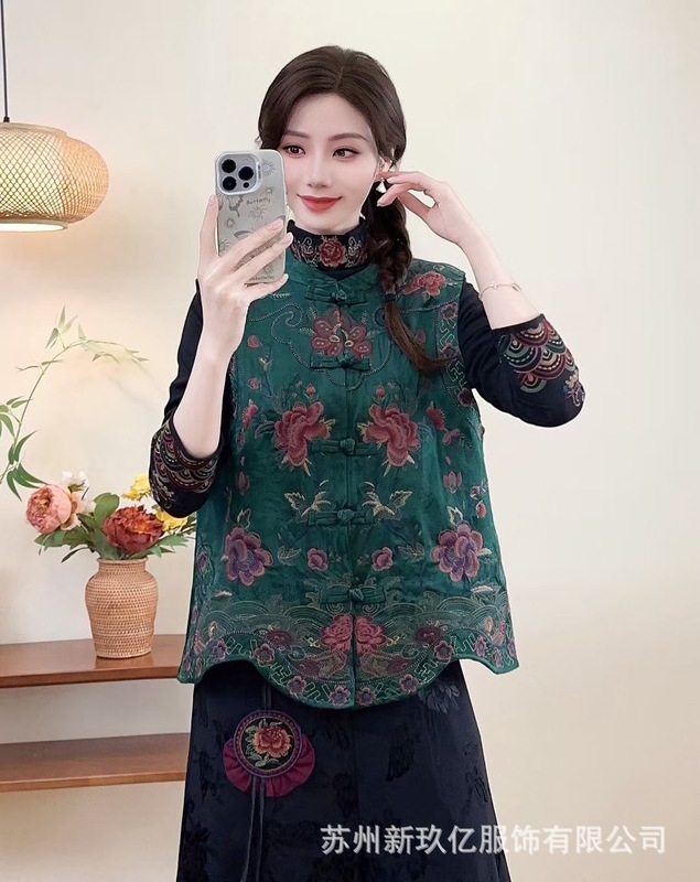 民族风重工刺绣马甲女2025秋季款复古棉提花缎面背心无袖马夹外套|undefined