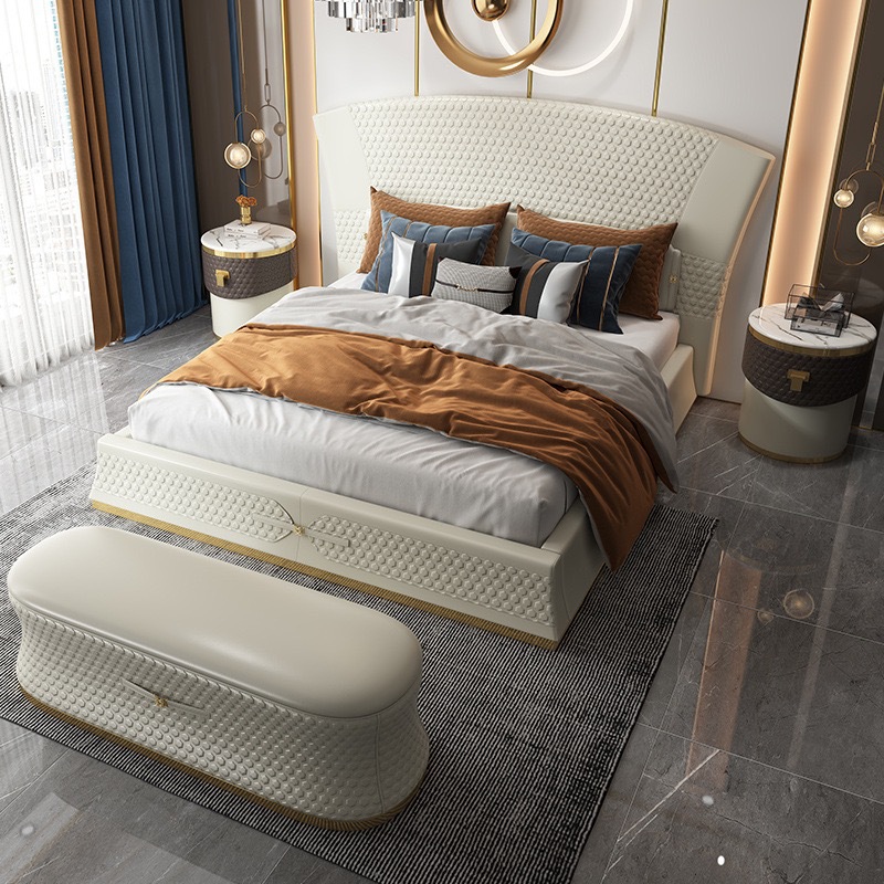 Italian-Style Light Luxury Genuine Leather Bed, Double Bed, Master Bedroom Bed, Whole House Light Luxury Furniture, Modern Internet-Famous Turri Leather Bed