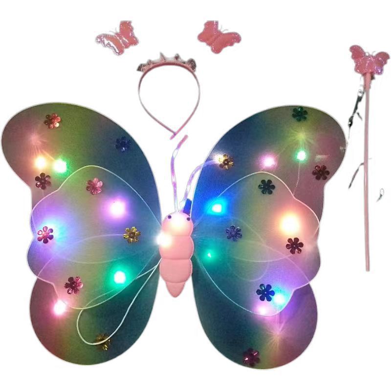 Mariposa luminosa alas de niña espalda juguetes flash niños maravillosos hadas varitas mágicas hadas flores set de tres piezas
