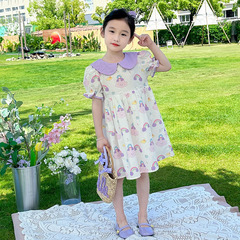 女童雲朵彩虹棉布裙中小童2024新款公主裙女孩卡通連衣裙兒童裙子