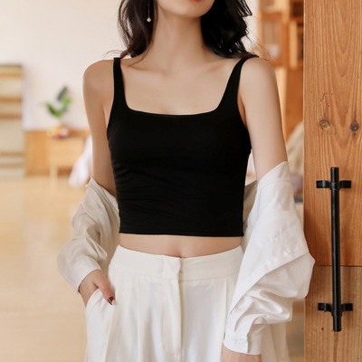 女士吊帶背心女罩杯壹體式帶胸墊免穿文胸內衣小內搭抹胸打底黑色