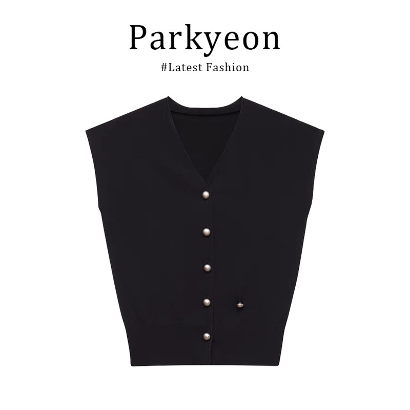 Designed Black V Neck Knitwear Vest for Women 2025 Summer Vest Cardigan Sleeveless Top