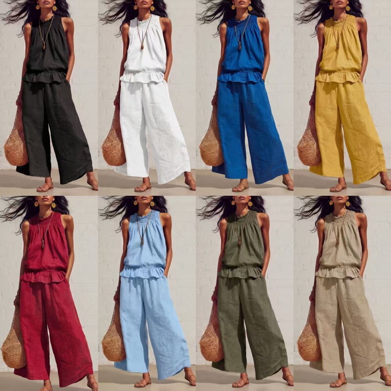 In Stock 2026 New Cross-Border European and American Style Summer Casual Cotton and Linen Two-Piece Set for Women, Sleeveless Ruffled Wide-Leg Pants Set In Stock 2026 New Cross-Border European and American Style Summer Casual Cotton and Linen Two-Piece Set for Women, Sleeveless Ruffled Wide-Leg Pants Set