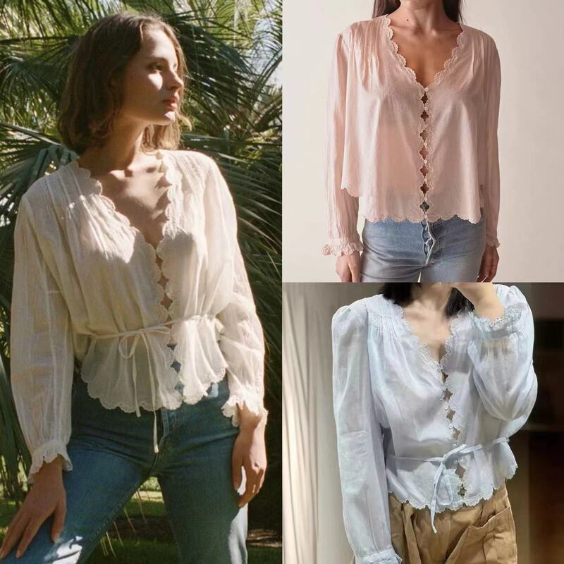 American Style Embroidered Shirt Women's Artistic Romantic Gentle Embroidered Scallop Lace V-Neck Lace Waisted Thin Shirt