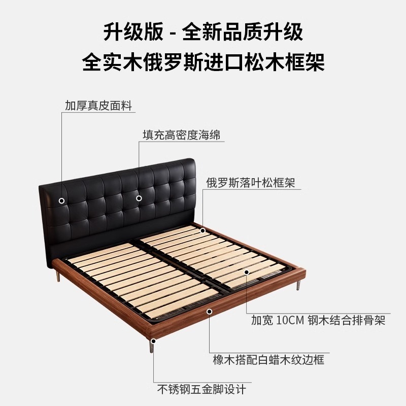 意式极简真皮床轻奢现代简约黑色华夫格床中古风齐边床实木床婚床|undefined