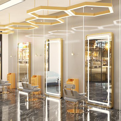 Barbería espejo salón de pelo especial montado en la pared espejo de un solo lado piso con luz inteligente espejo led