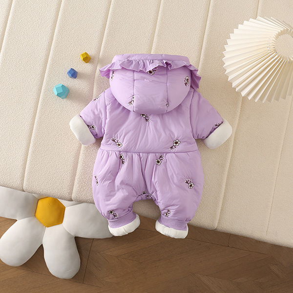 Abrigo de una pieza con tapeta con cremallera para bebé, engrosado y vellón con capucha 6-12 meses de salida, mamelero de algodón grueso bordado con capucha