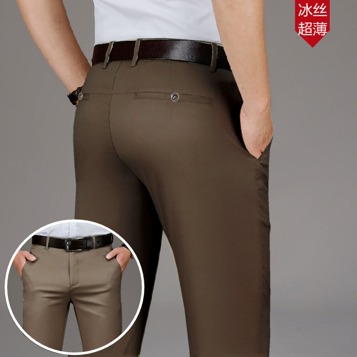Pantalones de traje de seda de hielo de verano Pantalones casuales de los hombres de moda delgada recta ropa formal de negocios pantalones de traje sin planchar hombres