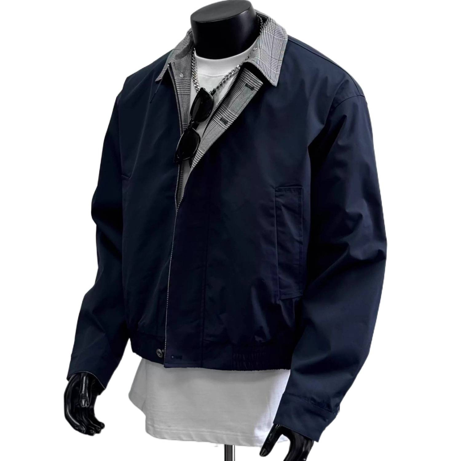 Herren-Arbeitsjacke mit Farbblock-Karo und Revers, minimalistisch, locker geschnitten_voghion.com