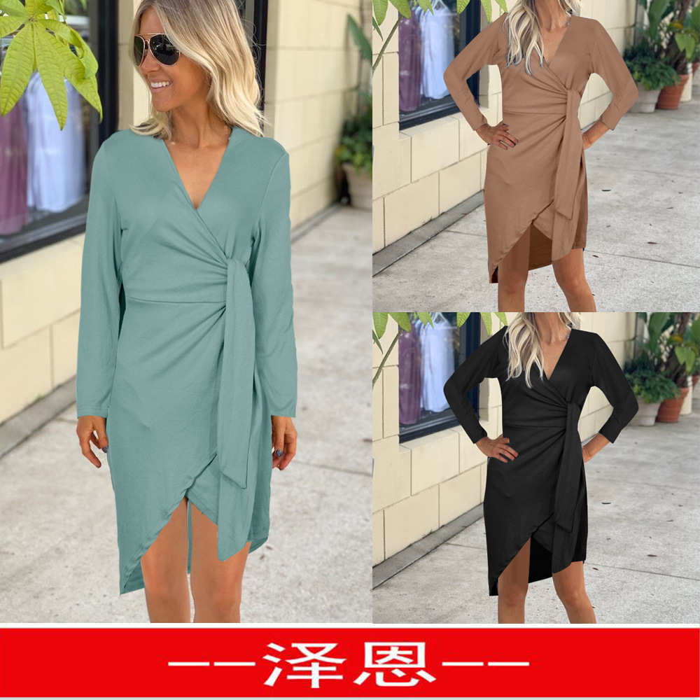 Cross-border Amazon wish hot sale in autumn 2022 new solid color V-neck irregular split lace-up dress