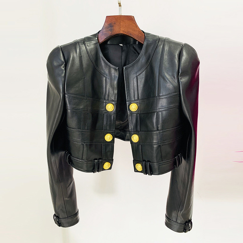 Qadın dəri jaket, dəyirmi yaxalı, qısa, aslan düyməli