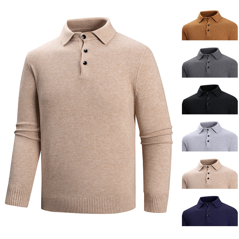 2025 Export Autumn and Winter New Men's Fashion Trendy Knitwear Knitwear Youth Pure Color Lapel Casual Bottoming Shirt