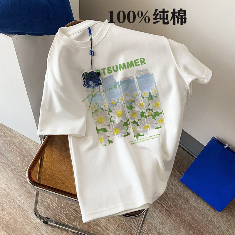 Casual Pure Cotton Short-Sleeved T-Shirt Women's Tops Summer New Women's Loose Inner Wear White Ins Women's Printed Clothes