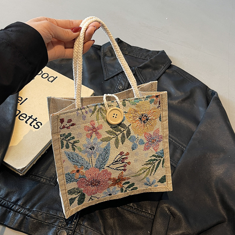 Cute Ins Portable Lunch Bag Cotton Linen Korean Style Flower Large Capacity Tote Bag Fashionable Outgoing Commuter Canvas Bag