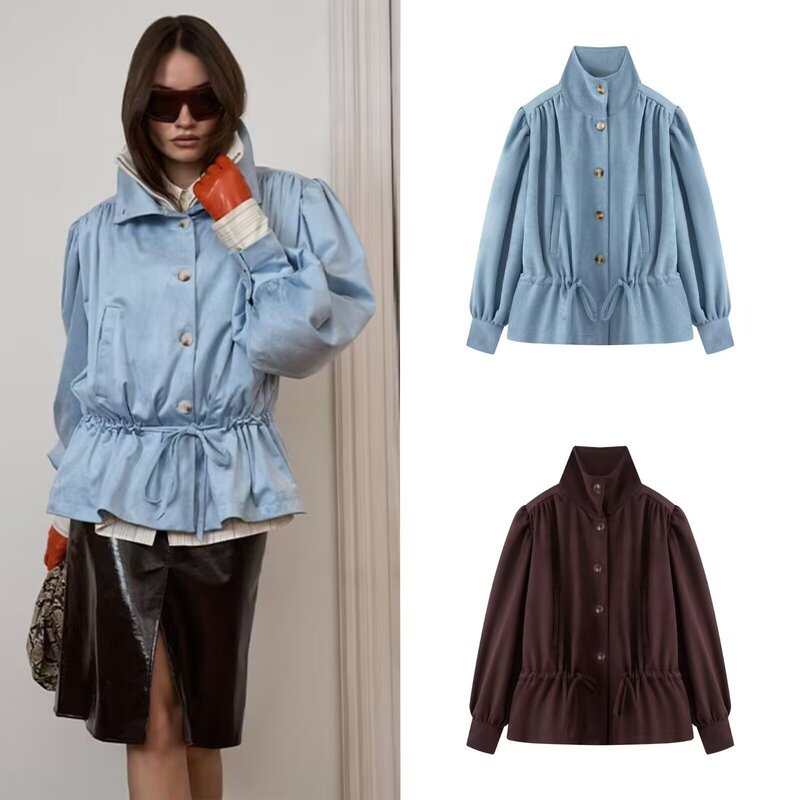 American Retro Stand-Collar Jacket for Women, New Design for Spring and Autumn, Waist-Cinching Versatile Puff-Sleeve Trench Coat