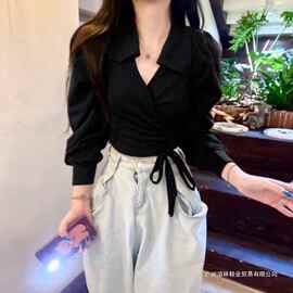 泡泡袖酒红色内搭长袖打底衫春秋法式胖领衣正肩上大码女装