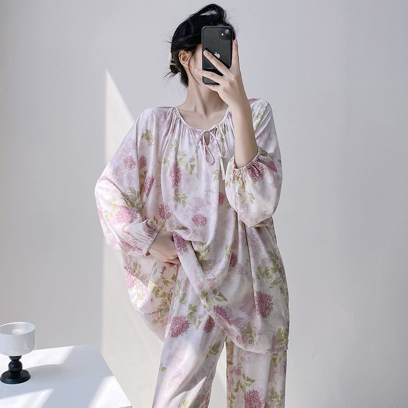 女性用パジャマ、春と秋の長袖人工綿シルク、国民風プリント、ゆったりとした大きいサイズの綿シルクホーム服セット、薄手|undefined