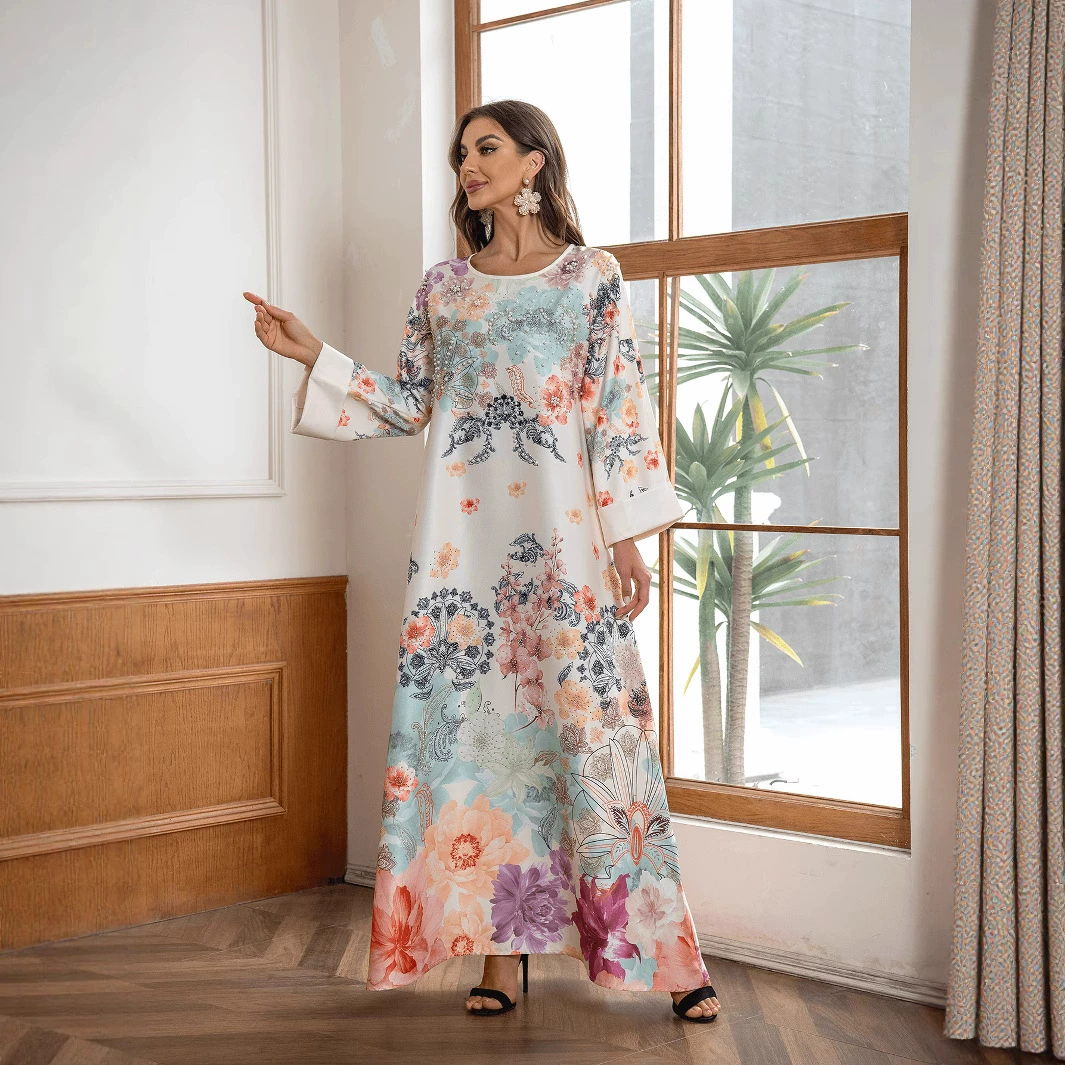 SW003 Ближневосточный экспортный трансграничный мусульманский женский халат с элегантным принтом и горячими стразами Абая